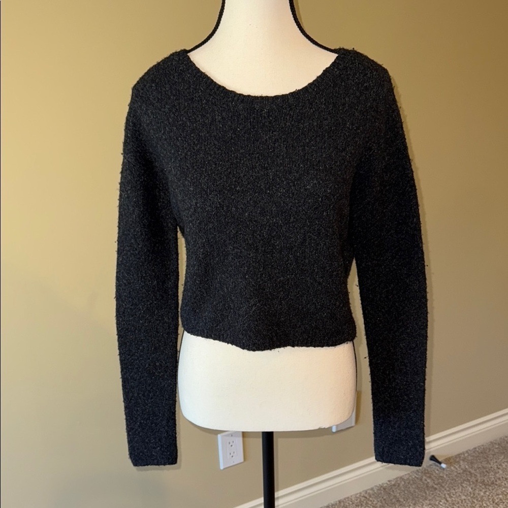 BCBG Maxazria Cropped Sweater Wool Blend Black Charcoal Loose Fit Women's Sz XS